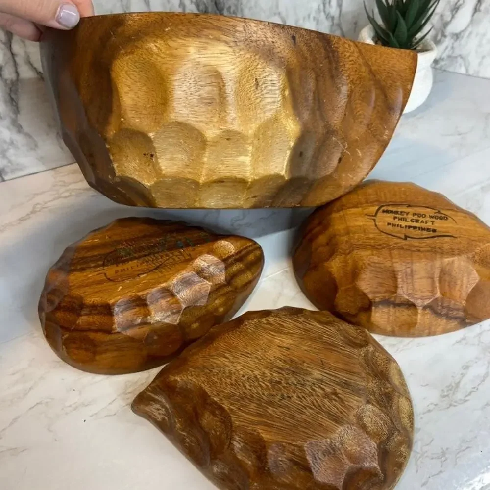 Vintage Monkey Pod Salad Big Bowl + 3 small bowls
